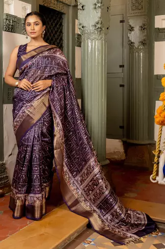 Dark purple art silk warli checks print golden zari saree with unstiched blouse piece