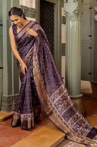 Dark purple art silk warli checks print golden zari saree with unstiched blouse piece