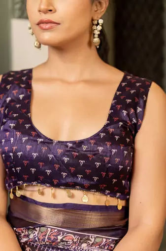 Dark purple art silk warli checks print golden zari saree with unstiched blouse piece