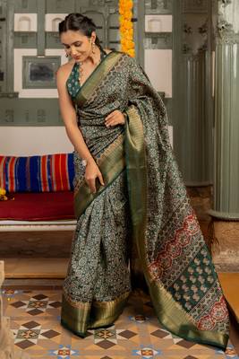 Dark green art silk ajrakh print golden zari saree with unstiched blouse piece 2