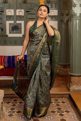 Dark green art silk ajrakh print golden zari saree with unstiched blouse piece 3