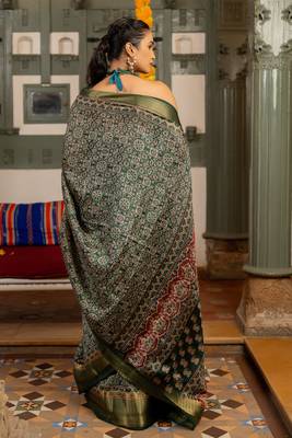 Dark green art silk ajrakh print golden zari saree with unstiched blouse piece 4
