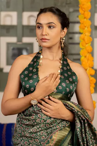 Dark green art silk ajrakh print golden zari saree with unstiched blouse piece