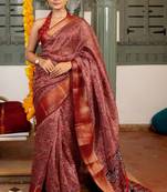 Red art silk ajrakh print golden zari saree with unstiched blouse piece