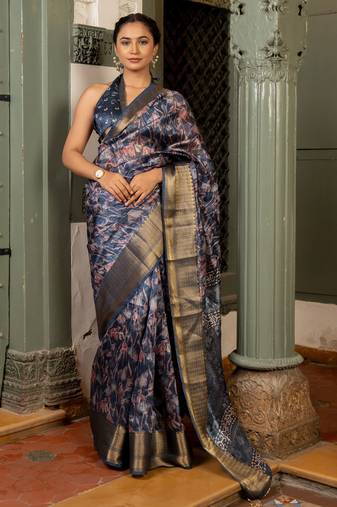 Navy blue art silk floral batik print golden zari tassels saree with unstiched blouse piece