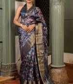 Navy blue art silk floral batik print golden zari tassels saree with unstiched blouse piece