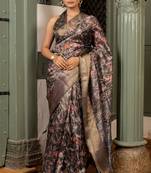 Brown art silk floral batik print golden zari saree with unstiched blouse piece
