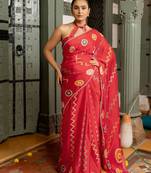 Red chiffon chevron zig zag block print lace border saree with unstiched blouse piece