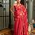 Red chiffon chevron zig zag block print lace border saree with unstiched blouse piece