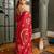 Red chiffon chevron zig zag block print lace border saree with unstiched blouse piece