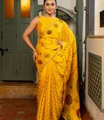 Dark yellow chiffon chevron zig zag block print lace border saree with unstiched blouse piece
