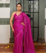 Dark pink chiffon chevron zig zag print lace border saree with unstiched blouse piece
