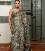 Dusty olive green chiffon floral print lace border saree with unstiched blouse piece