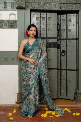 Dark turquoise blue chiffon floral print lace border saree with unstiched blouse piece 1