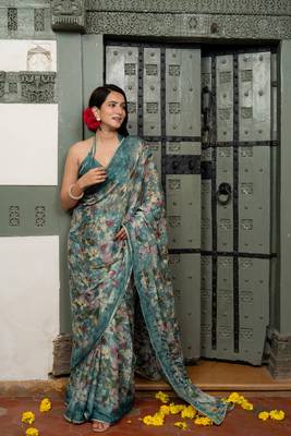 Dark turquoise blue chiffon floral print lace border saree with unstiched blouse piece 2