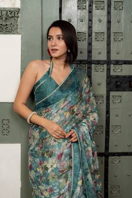 Dark turquoise blue chiffon floral print lace border saree with unstiched blouse piece 3