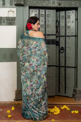 Dark turquoise blue chiffon floral print lace border saree with unstiched blouse piece 4