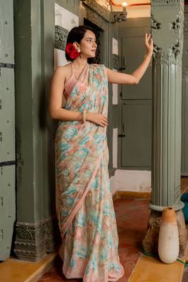 Light peach chiffon floral print lace border saree with unstiched blouse piece 2