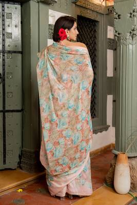 Light peach chiffon floral print lace border saree with unstiched blouse piece 4