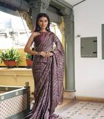 Wine chiffon stripes leheriya print lace border saree with unstiched blouse piece