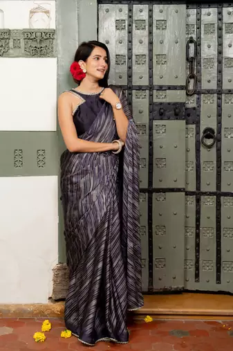 Dark dusty purple chiffon stripes leheriya print lace border saree with unstiched blouse piece