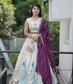 Wine Embroidery Thread and Foil Zari Work Pure Cotton Lehenga With Unstitched Blouse