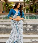 White cotton blend floral block print border saree with unstiched blouse piece