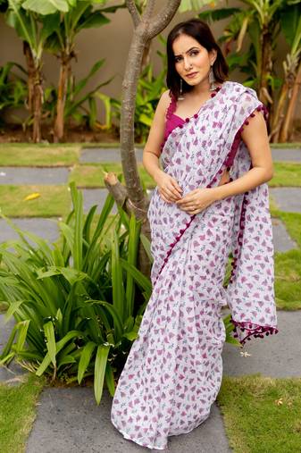 White cotton blend floral block print pom pom lace border saree with unstiched blouse piece