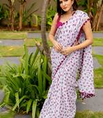 White cotton blend floral block print pom pom lace border saree with unstiched blouse piece