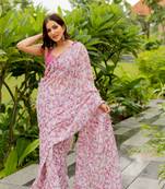 White cotton blend leaf print pom pom lace border saree with unstiched blouse piece