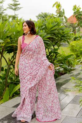 White cotton blend leaf print pom pom lace border saree with unstiched blouse piece 2