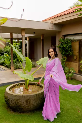 Pink cotton blend floral print crochet lace border saree with unstiched blouse piece