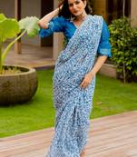 White cotton blend warli print pom pom lace border saree with unstiched blouse piece