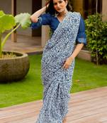 White cotton blend warli print pom pom lace border saree with unstiched blouse piece