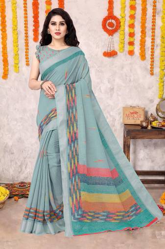 Greenish grey cotton blend block print zari border saree with unstiched blouse piece