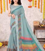 Greenish grey cotton blend block print zari border saree with unstiched blouse piece