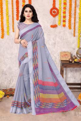 Light lavender cotton blend block print zari border saree with unstiched blouse piece 1