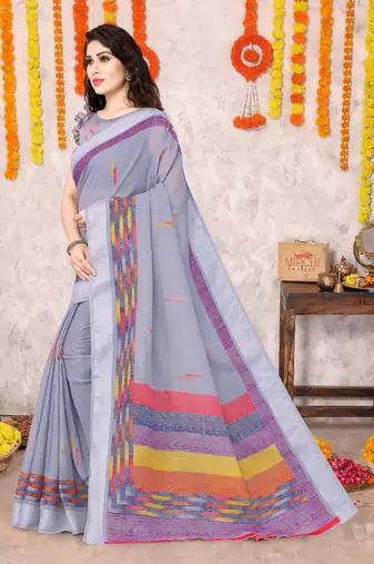 Light lavender cotton blend block print zari border saree with unstiched blouse piece