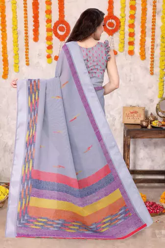 Light lavender cotton blend block print zari border saree with unstiched blouse piece
