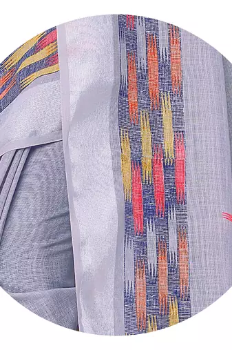 Light lavender cotton blend block print zari border saree with unstiched blouse piece