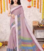 Dusty pink cotton blend block print zari border saree with unstiched blouse piece