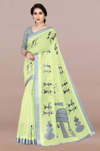 Light lime green cotton blend warli block print satin border saree with unstiched blouse piece