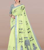 Light lime green cotton blend warli block print satin border saree with unstiched blouse piece