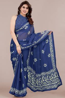 Blue chiffon batik block print saree with unstiched blouse piece 1