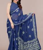 Blue chiffon batik block print saree with unstiched blouse piece