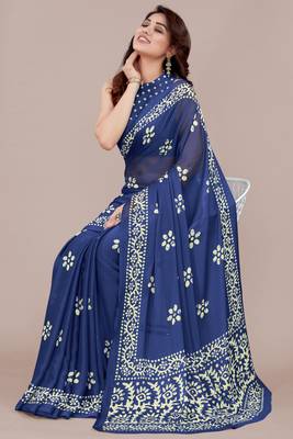 Blue chiffon batik block print saree with unstiched blouse piece 2