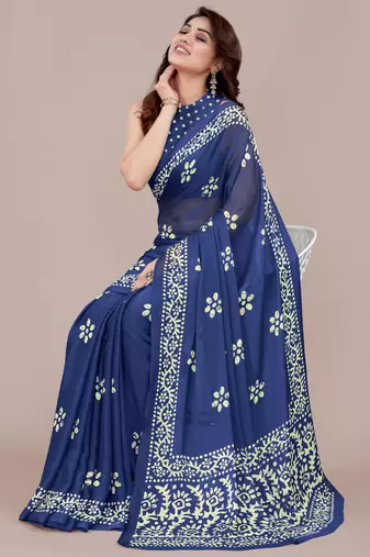 Blue chiffon batik block print saree with unstiched blouse piece