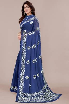 Blue chiffon batik block print saree with unstiched blouse piece 3