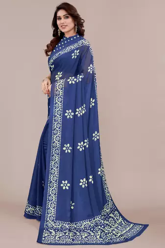 Blue chiffon batik block print saree with unstiched blouse piece