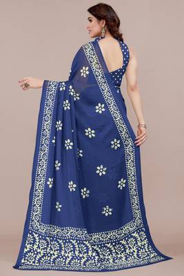 Blue chiffon batik block print saree with unstiched blouse piece 4